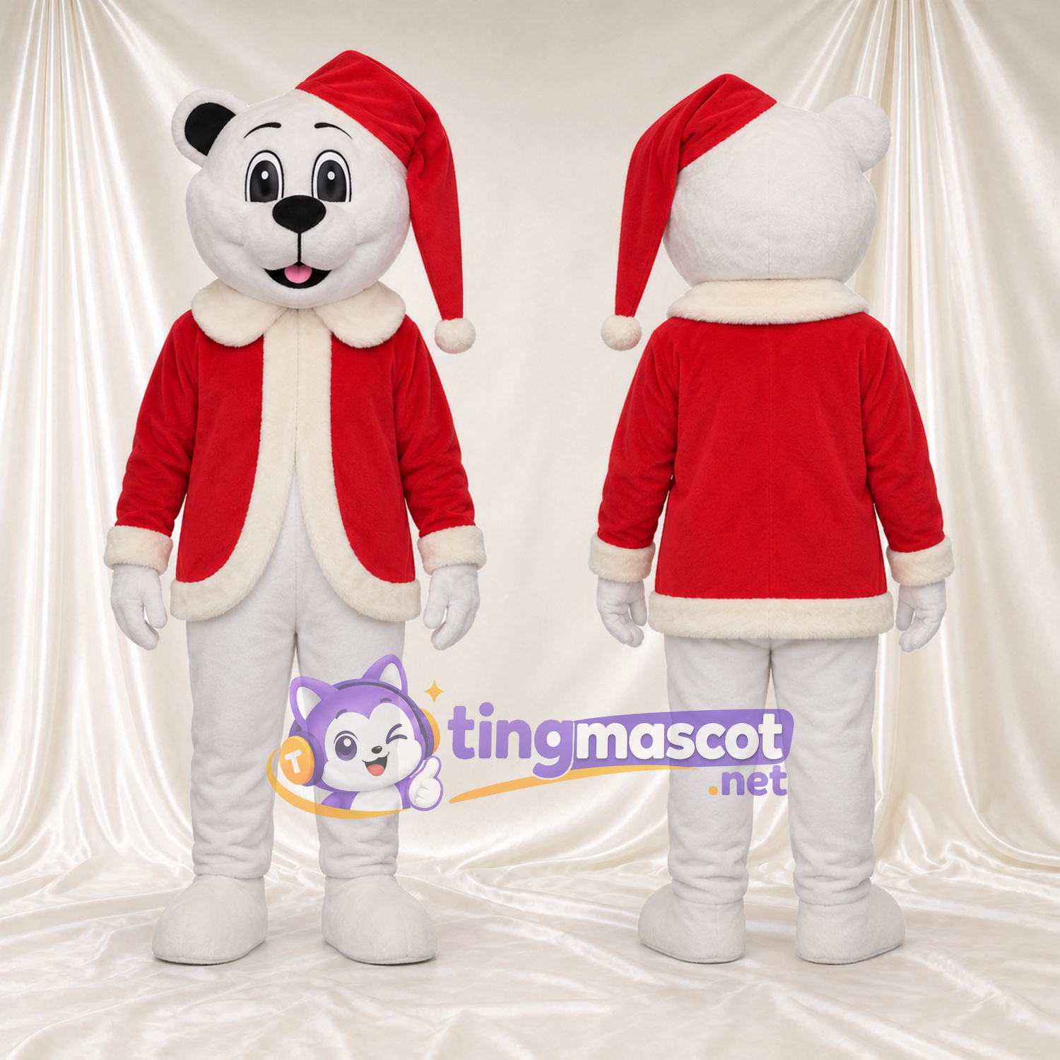 Maskottchenkostüm Bär – weiß – Jacke (rot); Hut Maskottchenkostüm Bär – weiß – Jacke (rot); Hut