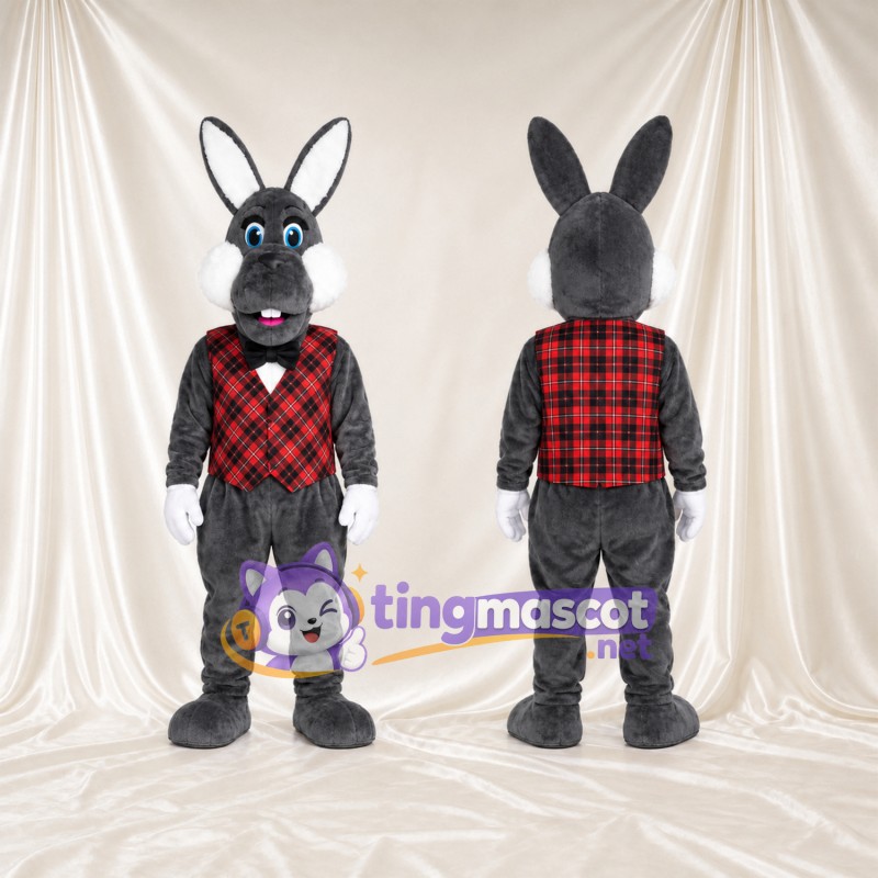 Costume de mascotte Lapin – gris – Gilet (rouge, écossais)