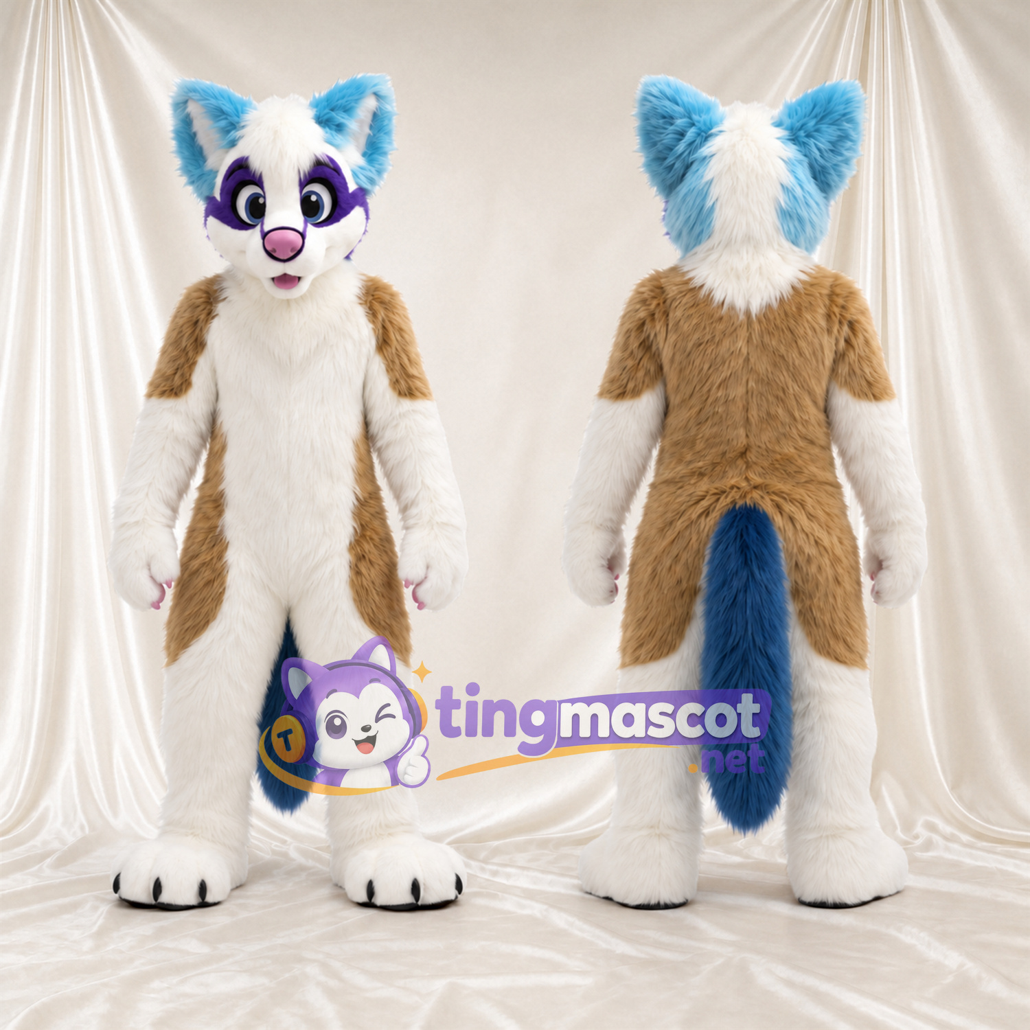 Maskottchenkostüm Fuchs – hellbraun / weiß – Ohren (blau); Gesicht (violett); Farbakzente Maskottchenkostüm Fuchs – hellbraun / weiß – Ohren (blau); Gesicht (violett); Farbakzente