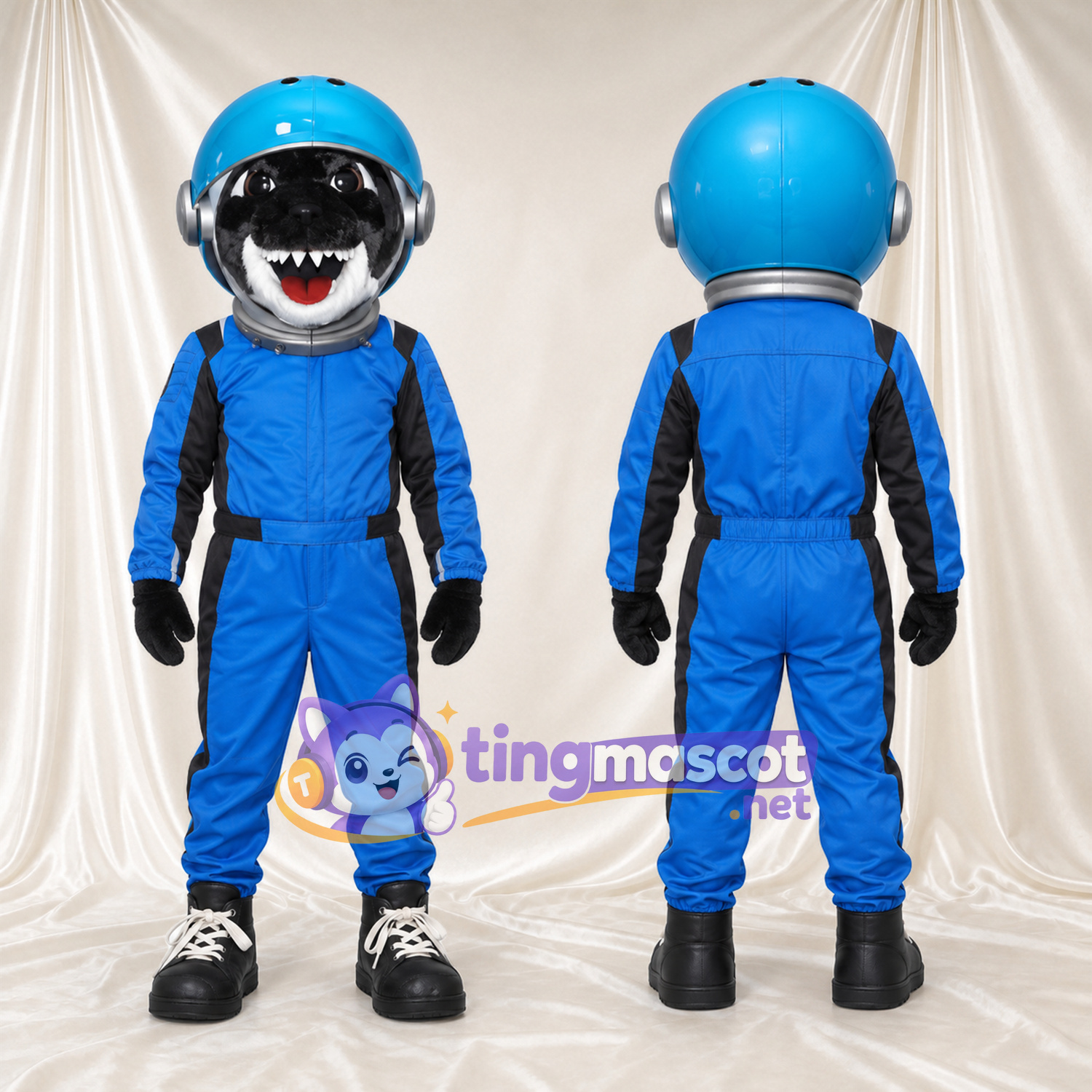 Black Shark Astronaut Mascot Costume - Blue Space Suit and Helmet Black Shark Astronaut Mascot Costume - Blue Space Suit and Helmet