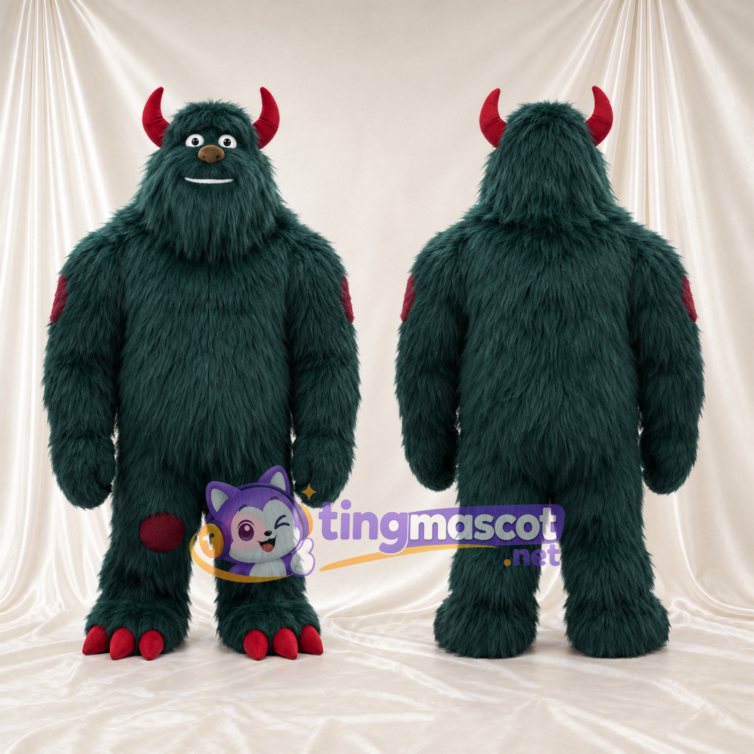 Maskottchenkostüm Monster – grün – Hörner (rot); Krallen (rot) Maskottchenkostüm Monster – grün – Hörner (rot); Krallen (rot)