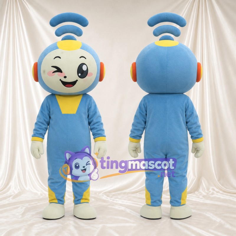 Blue Robot Character Mascot Costume - Wireless Signal Headpiece