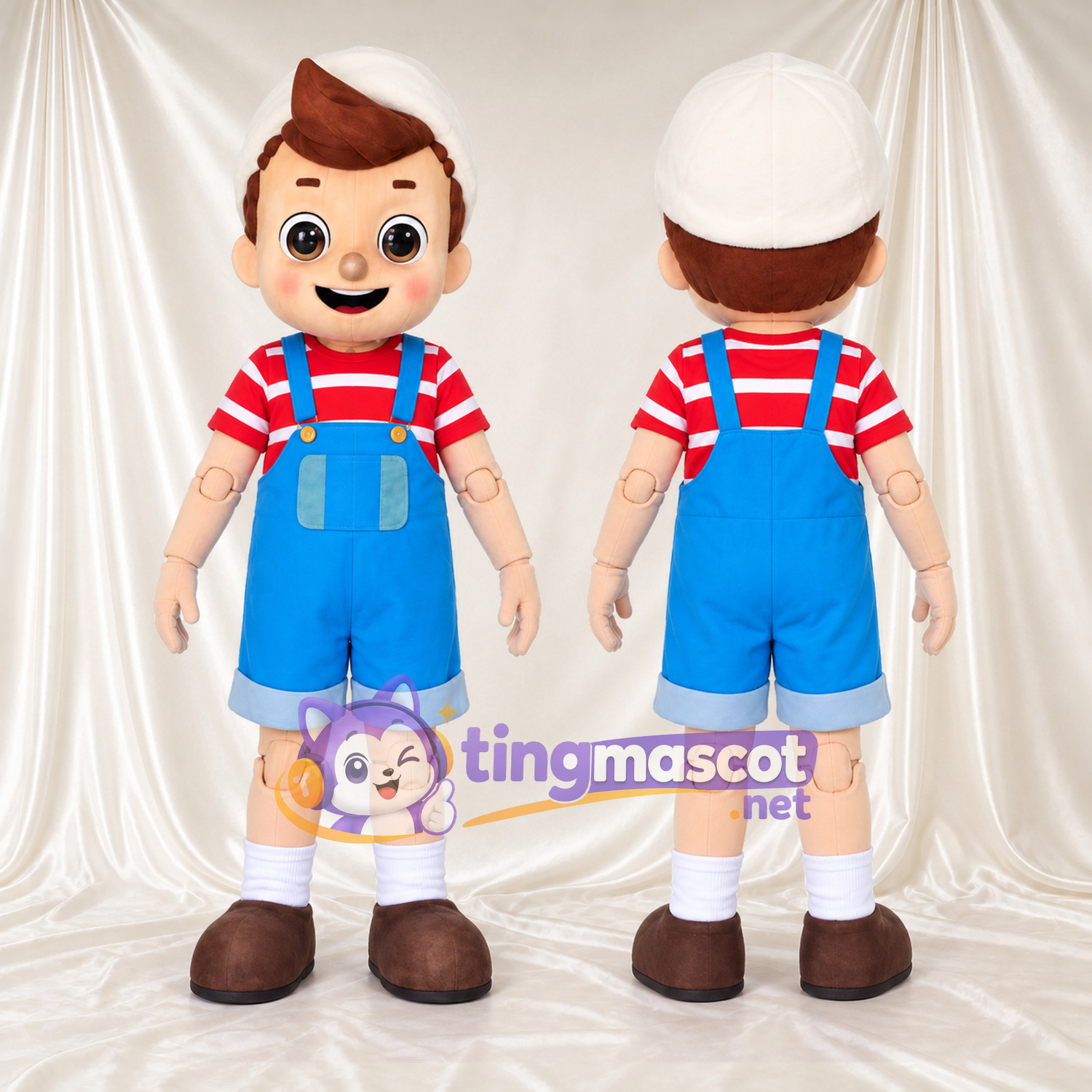 Boy Character Mascot Costume - Blue Short Overalls and Striped Shirt Boy Character Mascot Costume - Blue Short Overalls and Striped Shirt