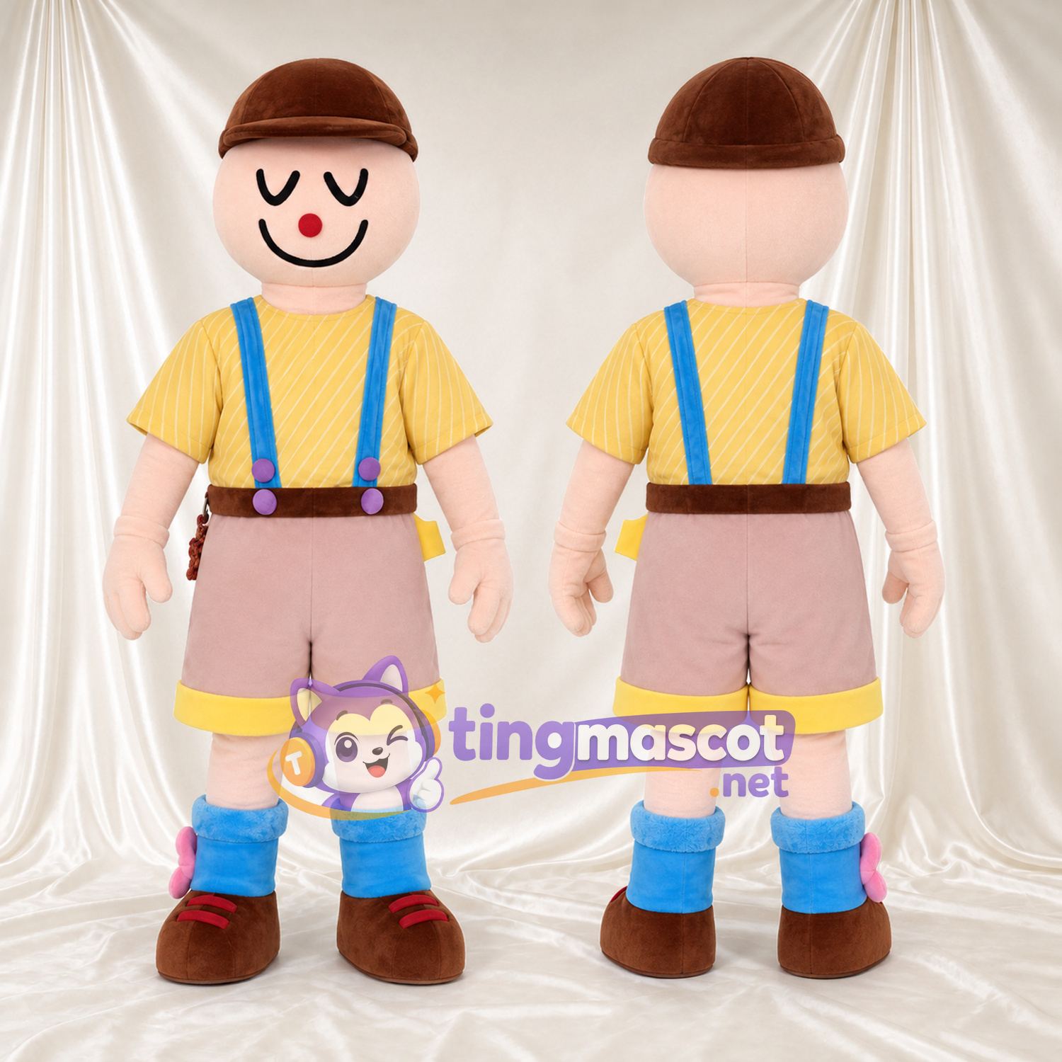 Boy Character Mascot Costume - Brown Cap and Blue Suspenders Boy Character Mascot Costume - Brown Cap and Blue Suspenders