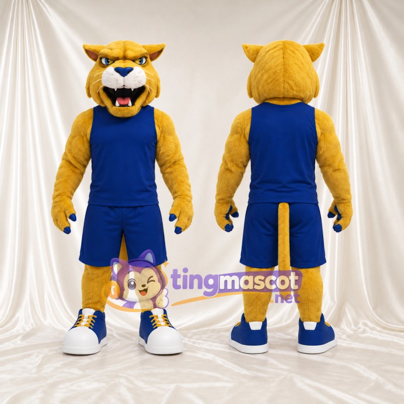 Costume de mascotte Chat sauvage – doré – Tenue de basket (bleu)