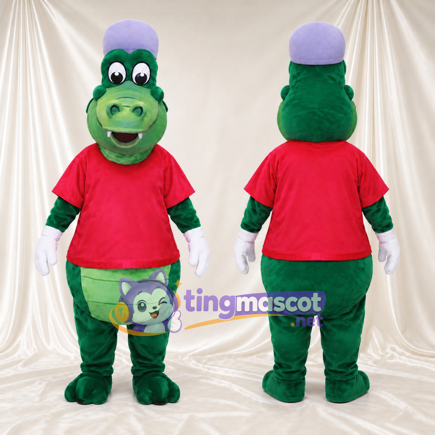 Costume de mascotte Crocodile – vert – Casquette (violet); T-shirt (rouge) Costume de mascotte Crocodile – vert – Casquette (violet); T-shirt (rouge)