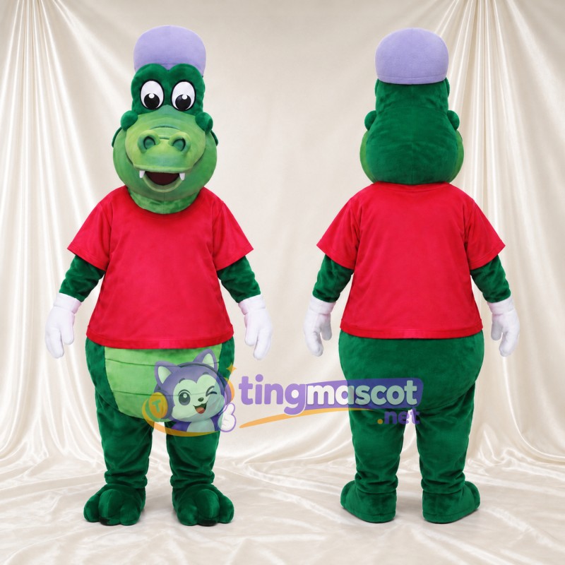 Costume de mascotte Crocodile – vert – Casquette (violet); T-shirt (rouge)