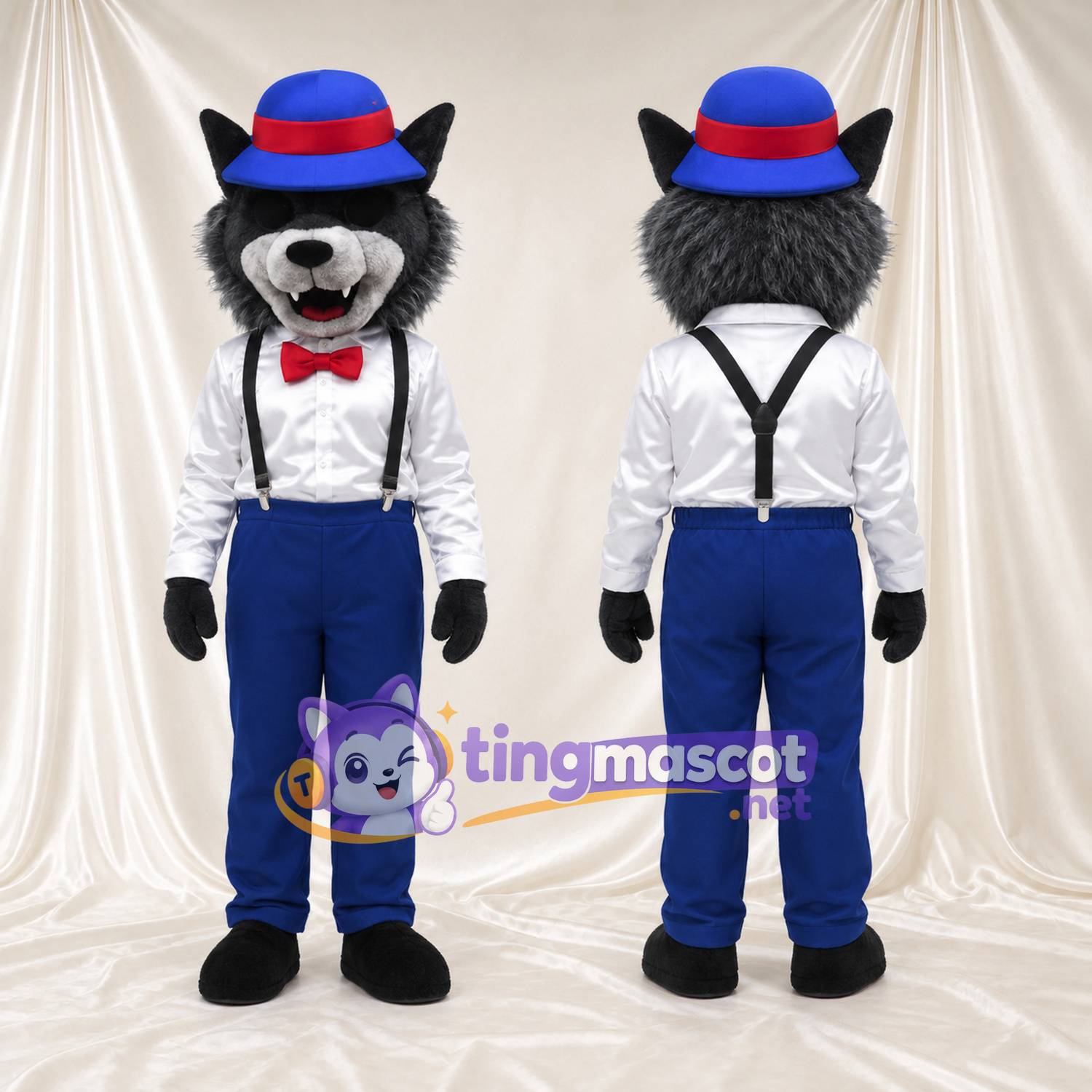 Costume de mascotte Loup – gris – Chapeau (bleu); Pantalon Costume de mascotte Loup – gris – Chapeau (bleu); Pantalon
