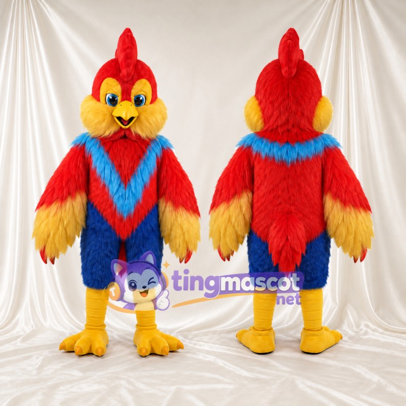 Colorful Rooster Mascot Costume - Red Crest and Blue Chest Feathers