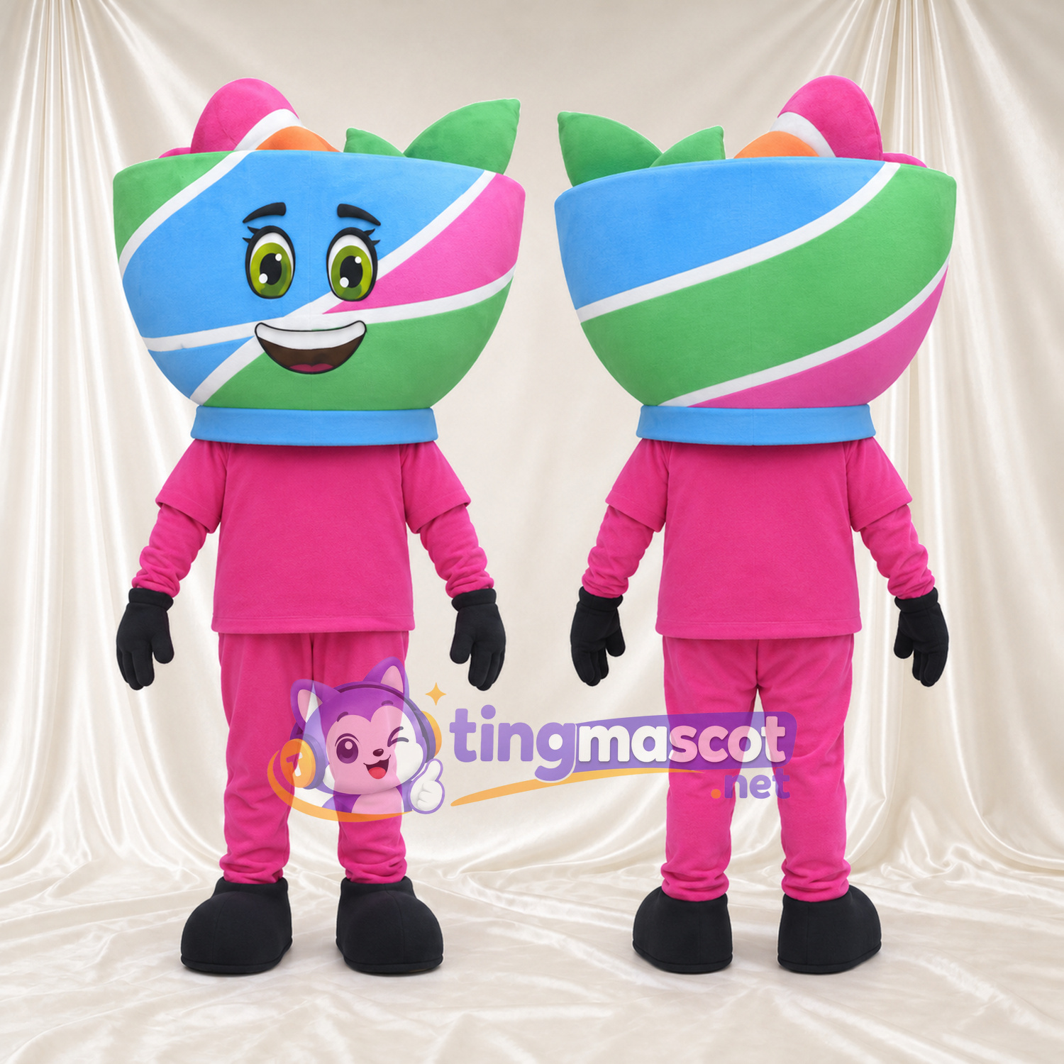 Maskottchenkostüm Schüssel – bunt – Outfit (rosa); Handschuhe (schwarz) Maskottchenkostüm Schüssel – bunt – Outfit (rosa); Handschuhe (schwarz)