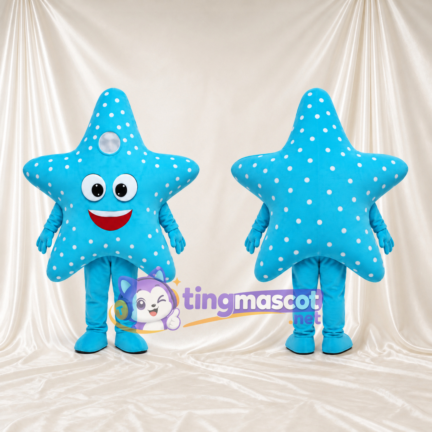 Blue Starfish Mascot Costume - White Spots and Smiling Face Blue Starfish Mascot Costume - White Spots and Smiling Face