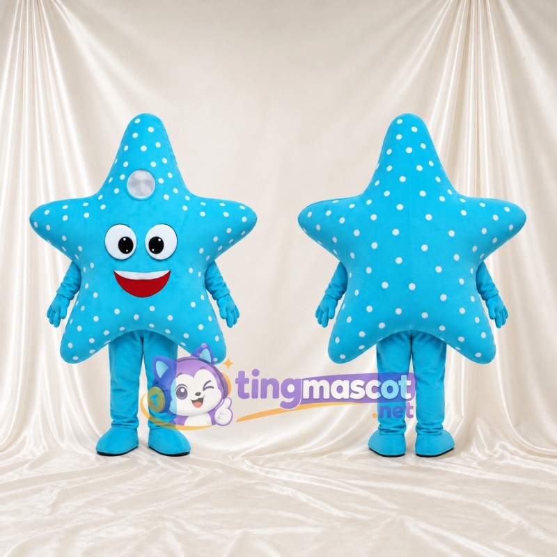 Blue Starfish Mascot Costume - White Spots and Smiling Face