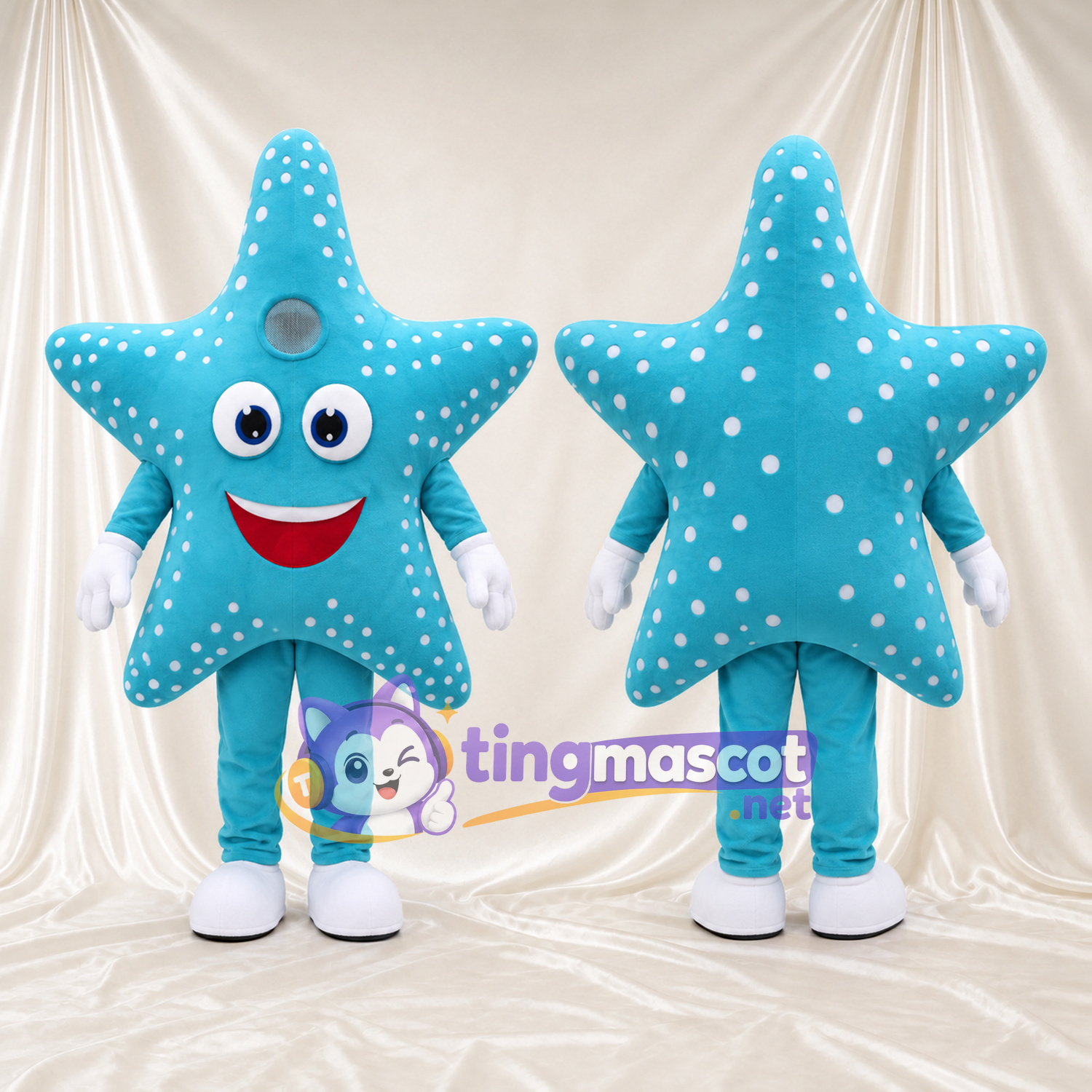 Blue Starfish Mascot Costume - White Dots and White Gloves Blue Starfish Mascot Costume - White Dots and White Gloves