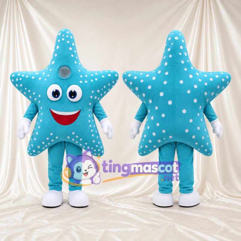 Blue Starfish Mascot Costume - White Dots and White Gloves