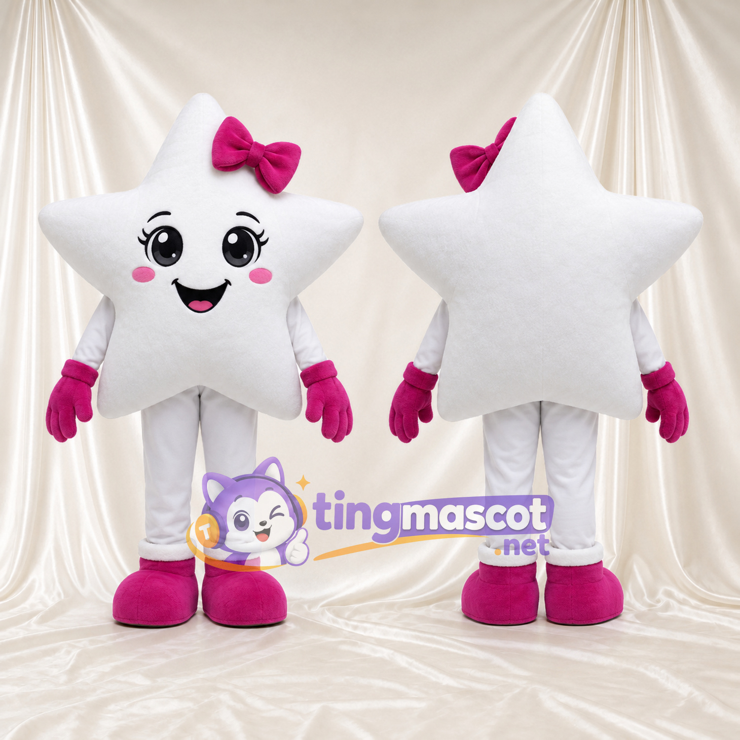 Costume de mascotte Étoile – blanc – Nœud (rose); Bottes (rose) Costume de mascotte Étoile – blanc – Nœud (rose); Bottes (rose)