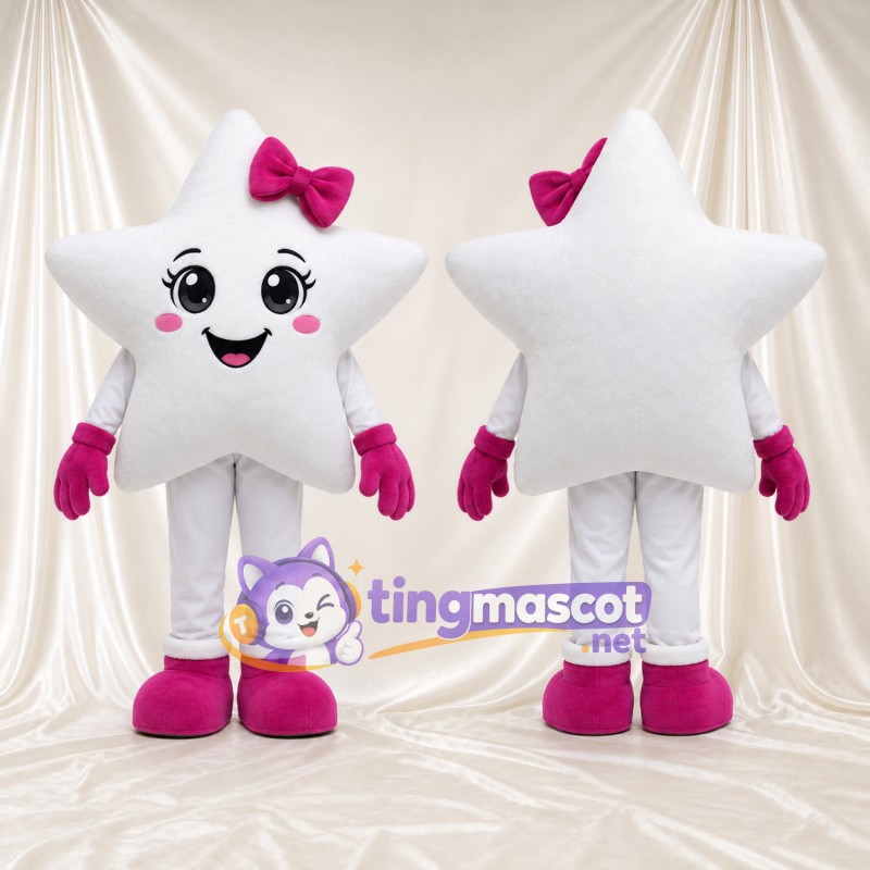 Costume de mascotte Étoile – blanc – Nœud (rose); Bottes (rose)