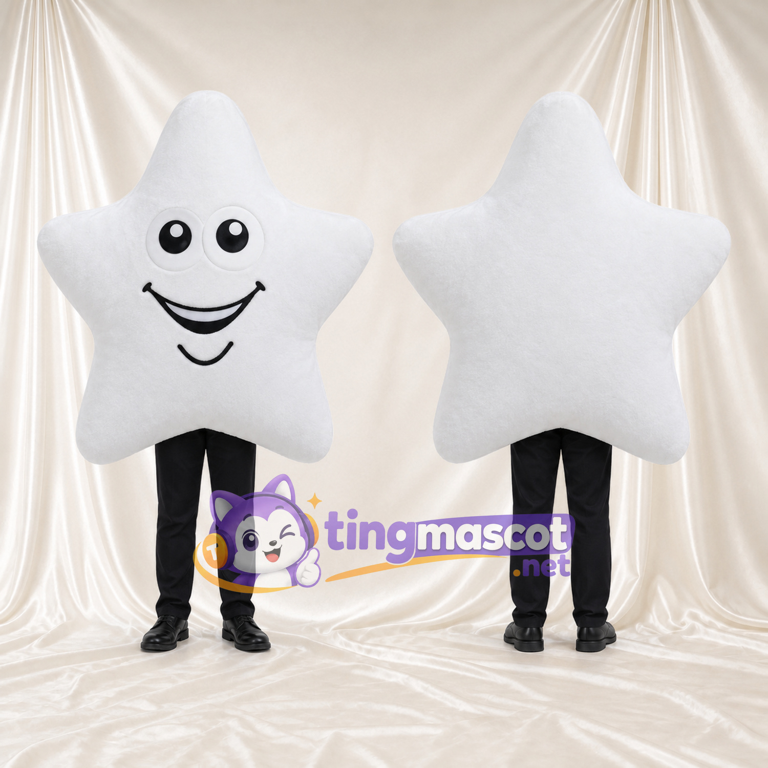 Costume de mascotte Étoile – blanc – Visage souriant; Jambes (noir)