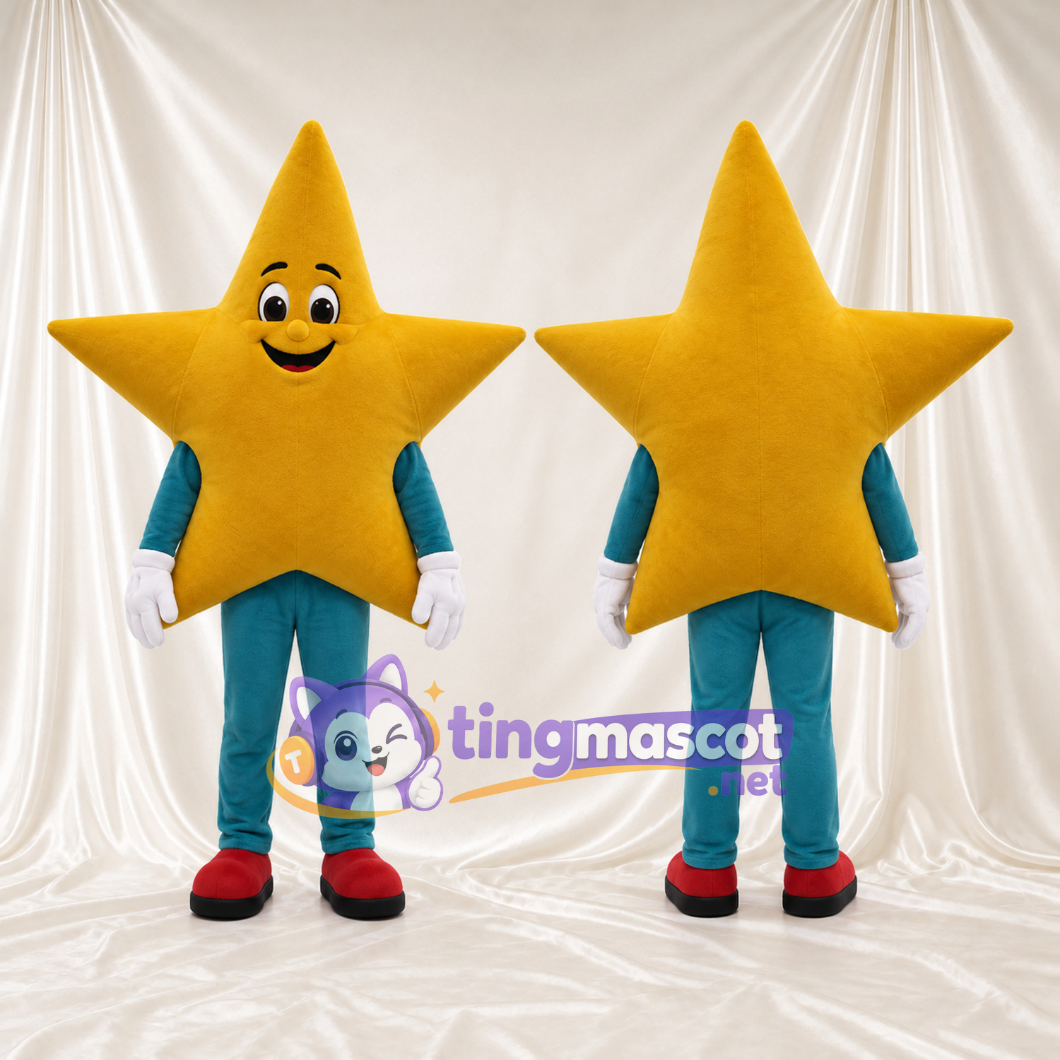 Costume de mascotte Étoile – doré – Membres (bleu canard); Chaussures (rouge)