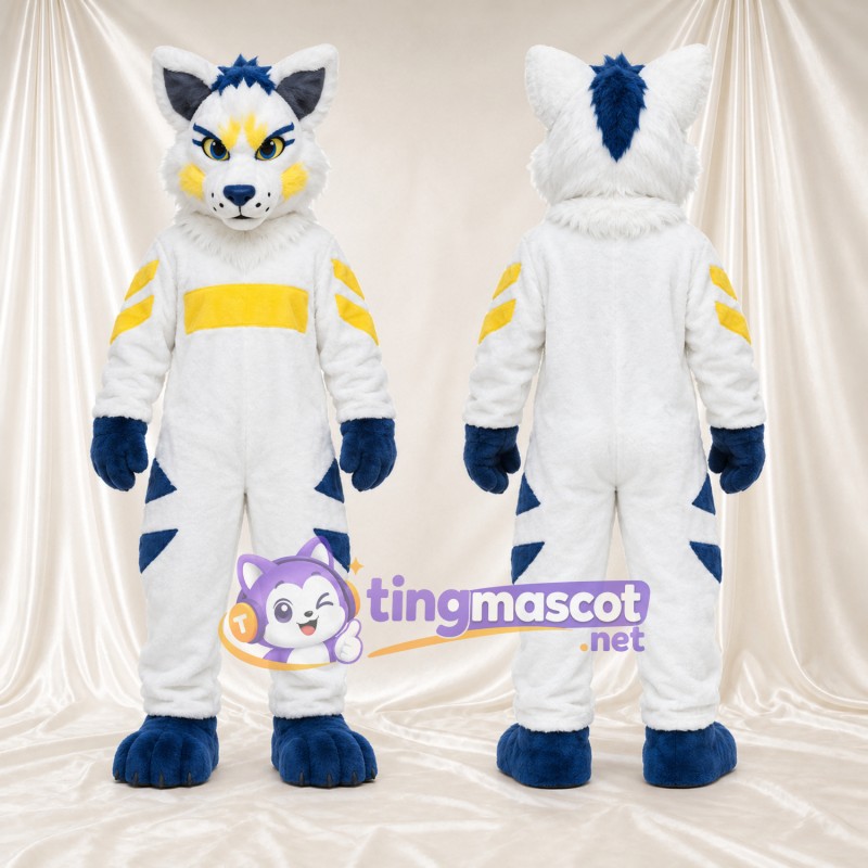Costume de mascotte Loup – blanc – Pattes (bleu); Corps (jaune); Touches de couleur