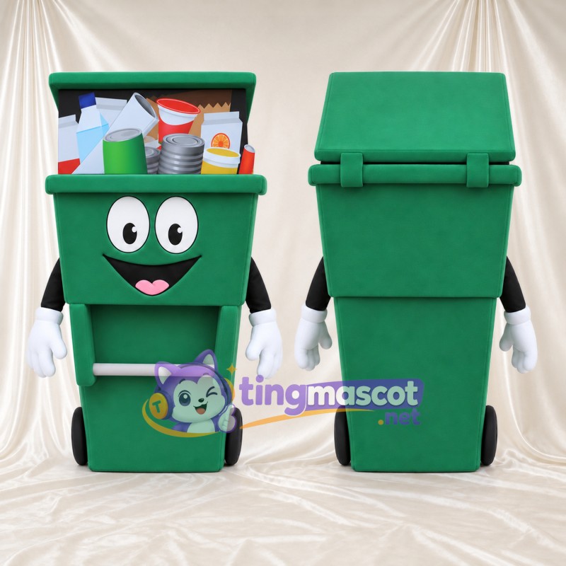 Costume de mascotte Bac de recyclage – vert – Couvercle (ouvert); Contenu recyclable