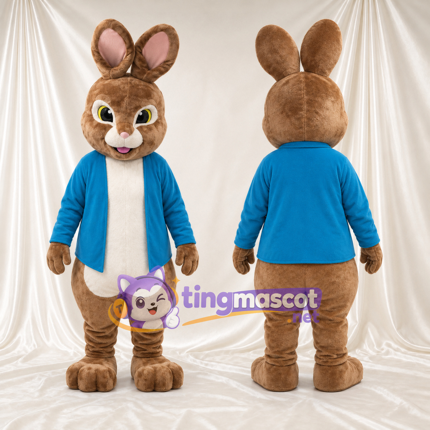 Costume de mascotte Peter Rabbit – selon la photo – Veste (bleu); Ventre (crème) Costume de mascotte Peter Rabbit – selon la photo – Veste (bleu); Ventre (crème)