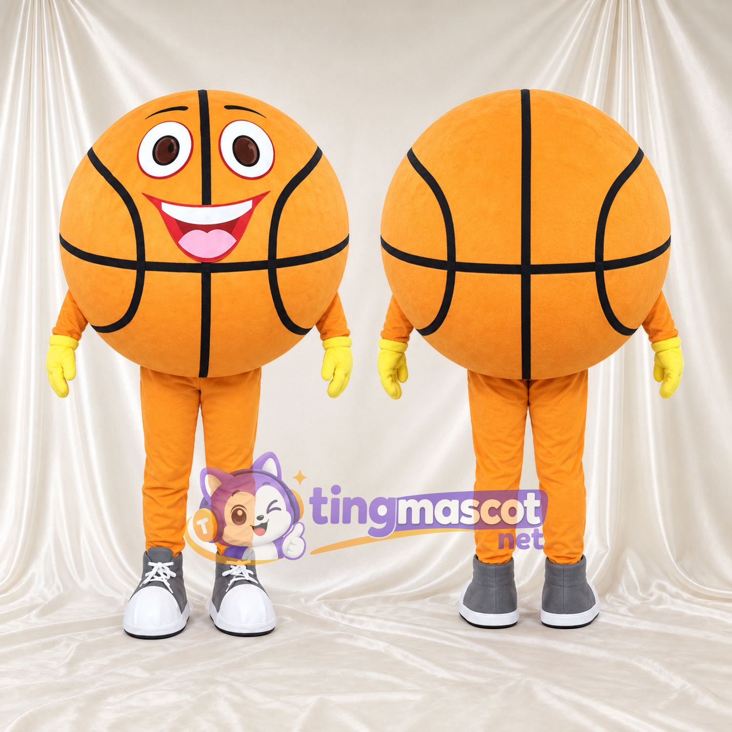 Costume de mascotte Ballon de basket – orange – Visage souriant; Gants (jaune) Costume de mascotte Ballon de basket – orange – Visage souriant; Gants (jaune)
