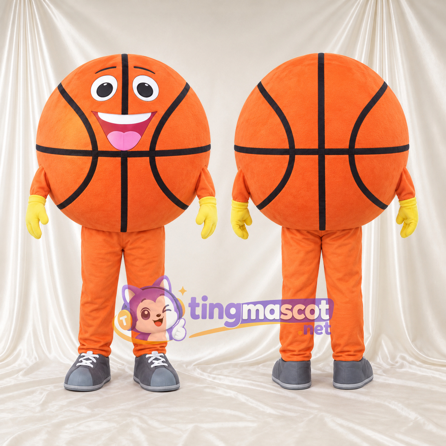 Costume de mascotte Ballon de basket – orange – Gants (jaune); Baskets (gris) Costume de mascotte Ballon de basket – orange – Gants (jaune); Baskets (gris)