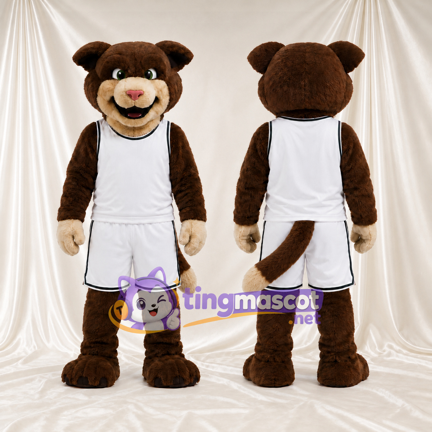 Brown Cougar Mascot Costume - White Basketball Uniform Brown Cougar Mascot Costume - White Basketball Uniform