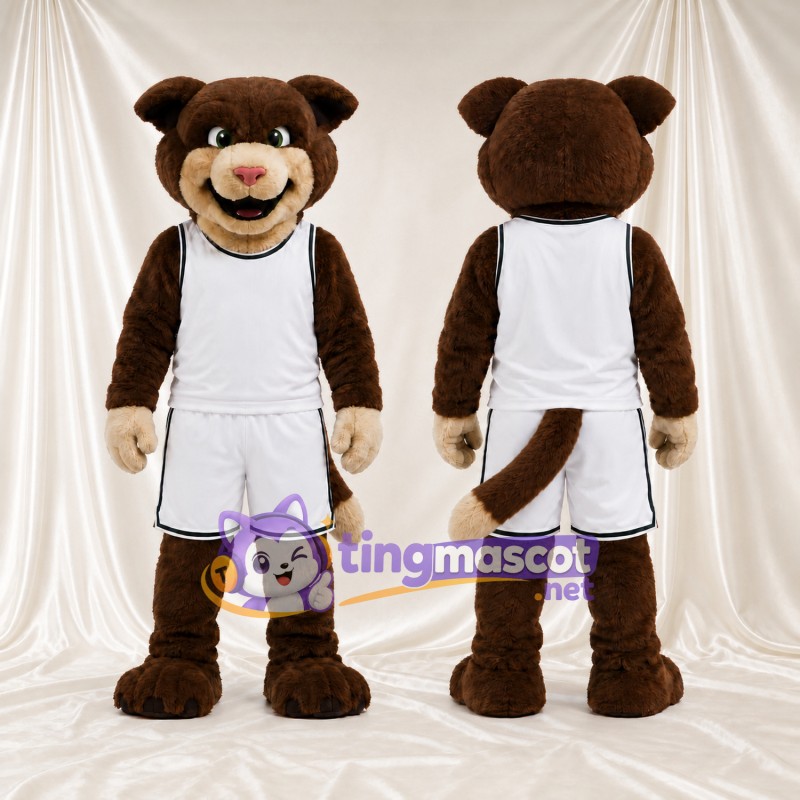 Brown Cougar Mascot Costume - White Basketball Uniform
