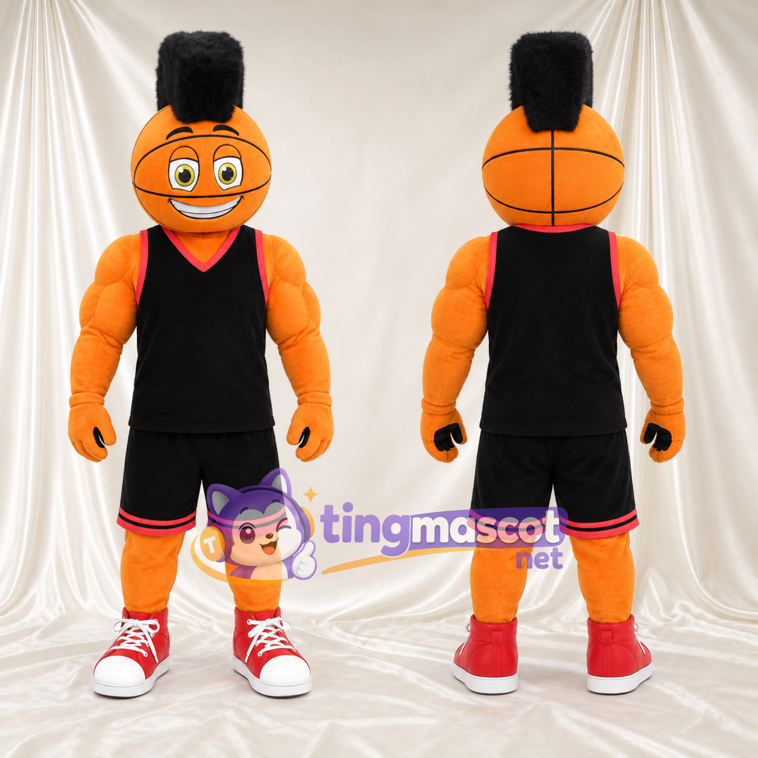 Costume de mascotte Ballon de basket – selon la photo – Uniforme (noir); Cheveux (haut, noir) Costume de mascotte Ballon de basket – selon la photo – Uniforme (noir); Cheveux (haut, noir)