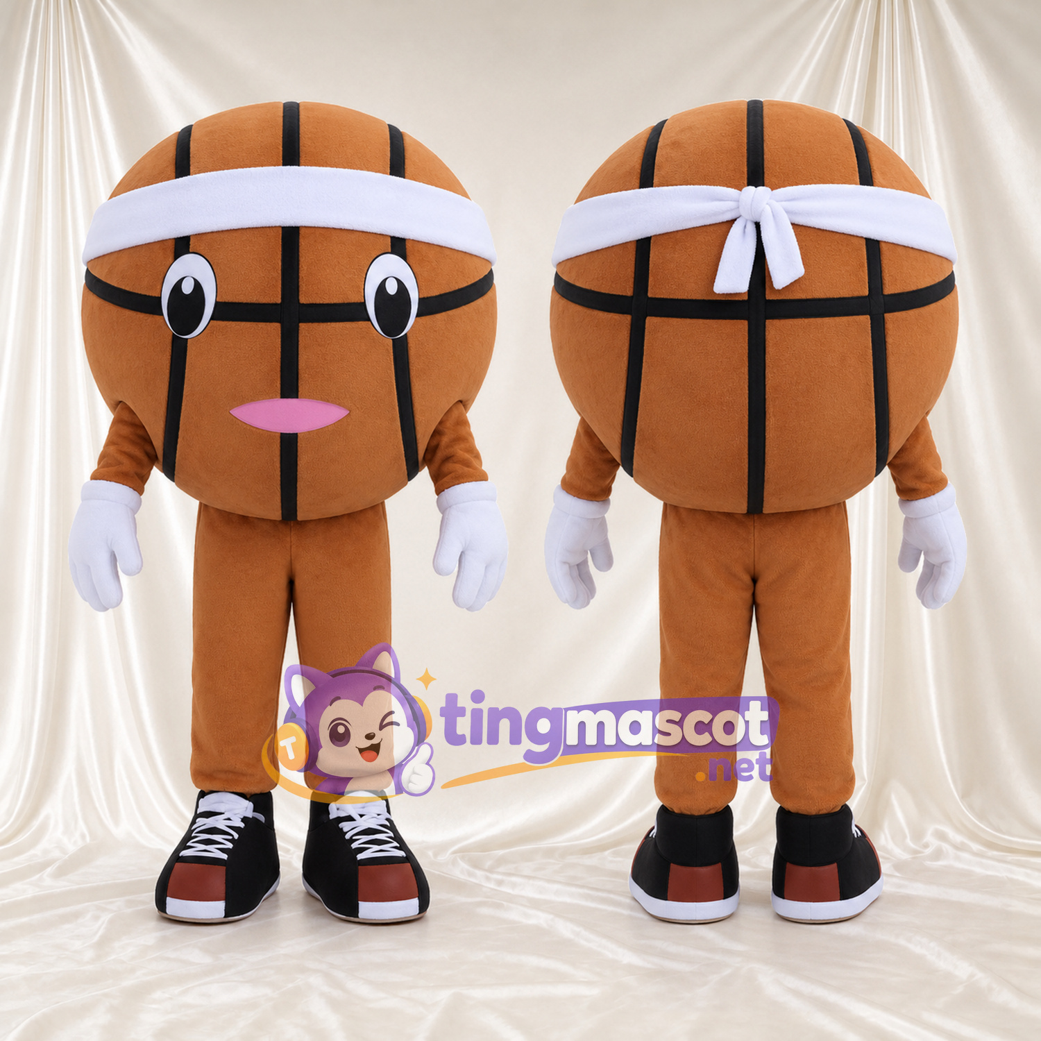 Maskottchenkostüm Basketball – braun – Stirnband (weiß); Handschuhe (weiß) Maskottchenkostüm Basketball – braun – Stirnband (weiß); Handschuhe (weiß)