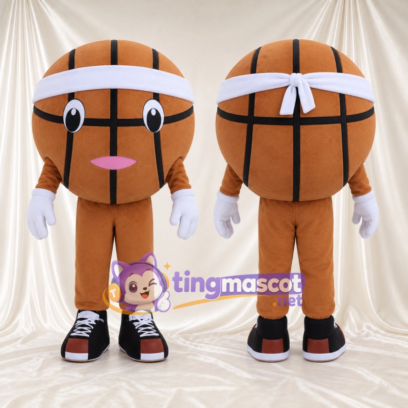 Maskottchenkostüm Basketball – braun – Stirnband (weiß); Handschuhe (weiß)