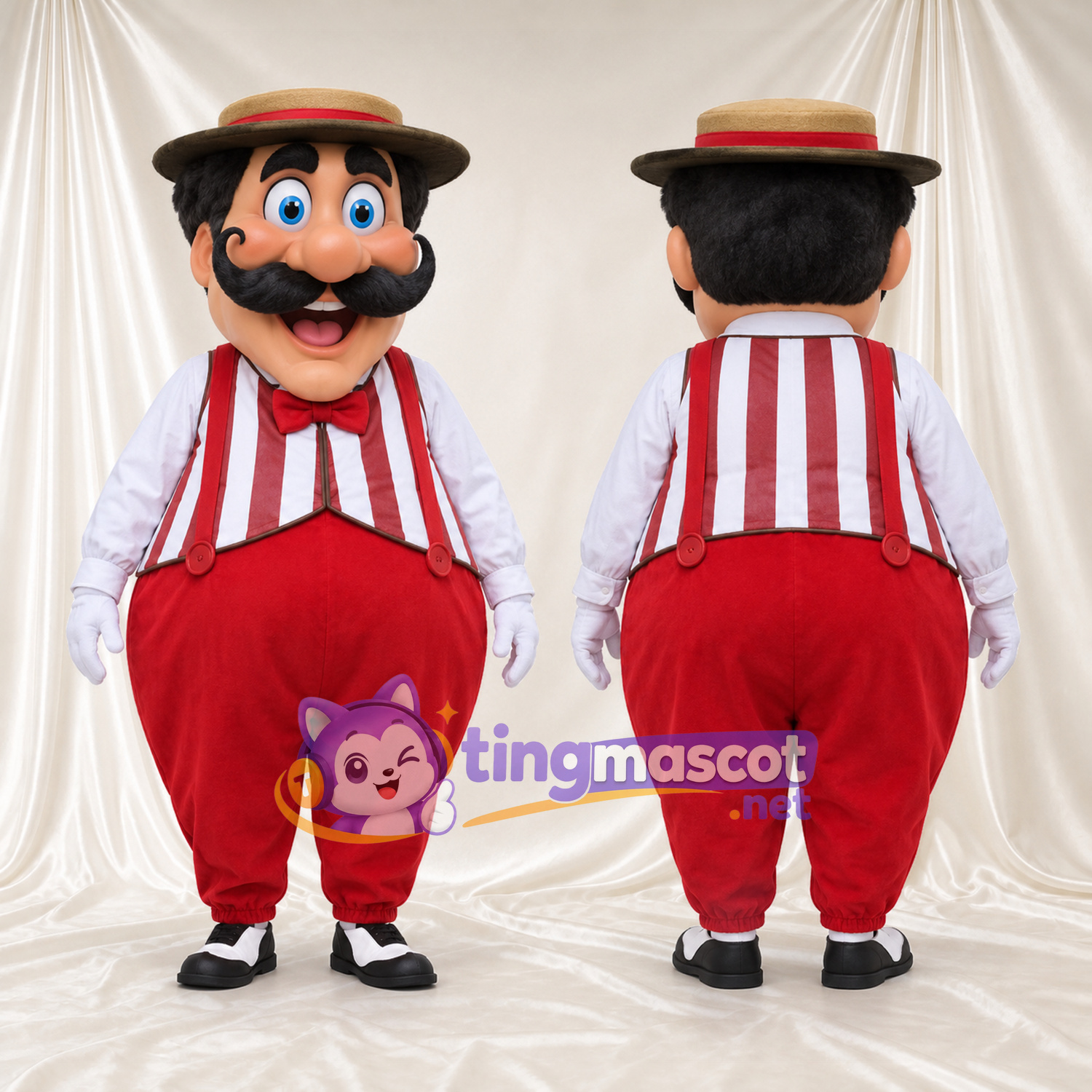Maskottchenkostüm Mann mit Schnurrbart – wie abgebildet – Hemd (gestreift); Hose (rot) Maskottchenkostüm Mann mit Schnurrbart – wie abgebildet – Hemd (gestreift); Hose (rot)