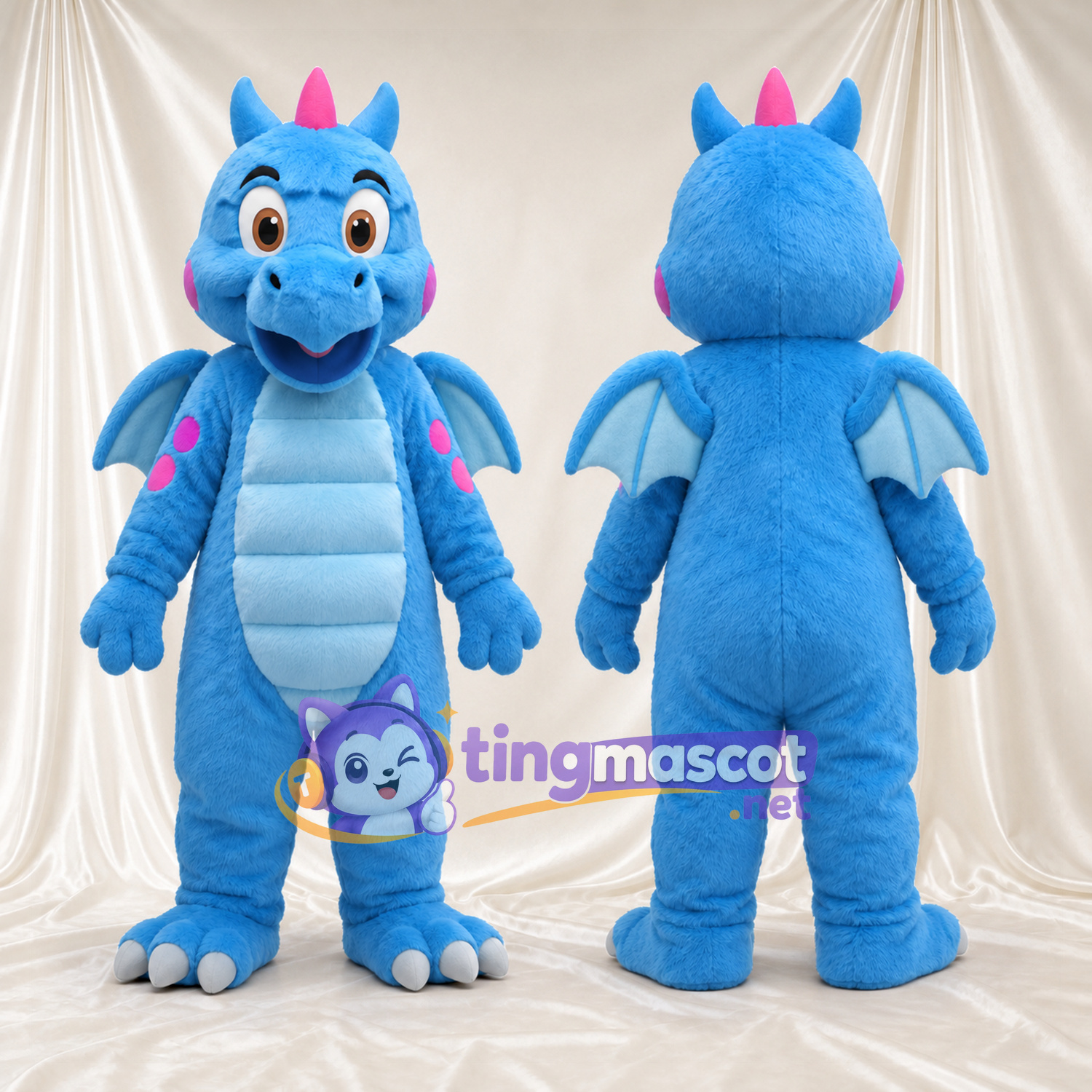 Blue Dragon Mascot Costume - Pink Horns and Light Blue Belly Blue Dragon Mascot Costume - Pink Horns and Light Blue Belly