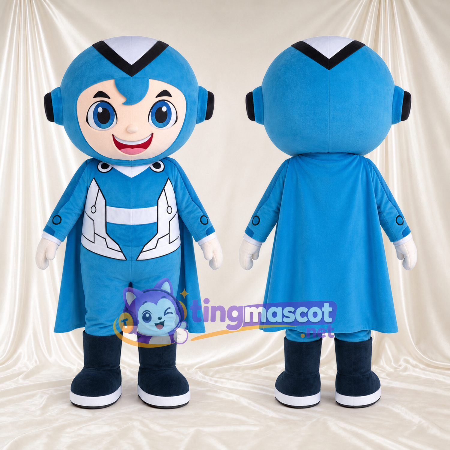 Robot Superhero Boy Mascot Costume - Blue Helmet and Cape Robot Superhero Boy Mascot Costume - Blue Helmet and Cape
