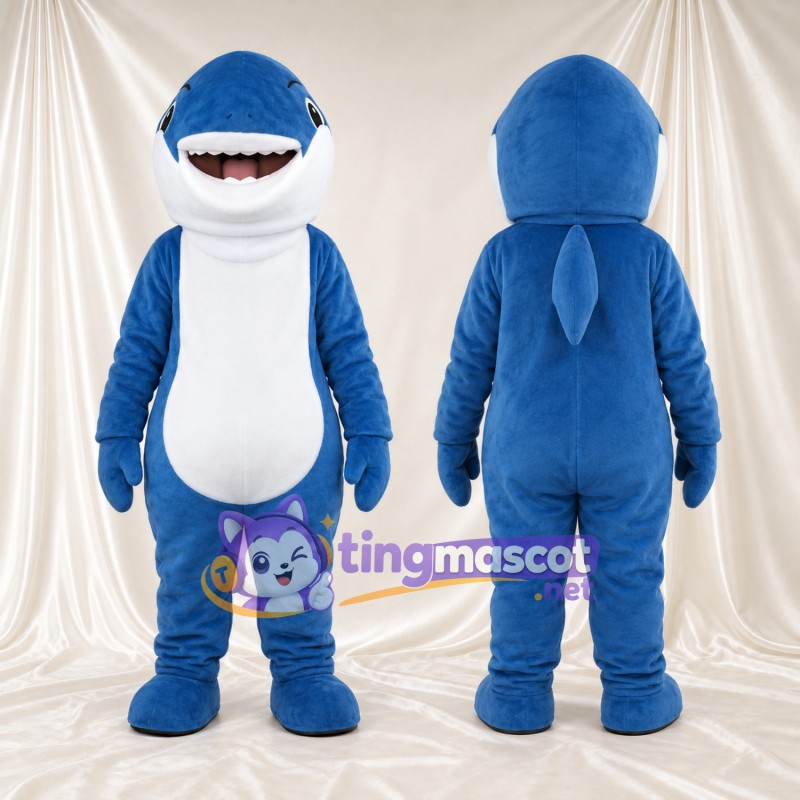 Costume de mascotte Requin – bleu – Ventre (blanc); Sourire avec dents