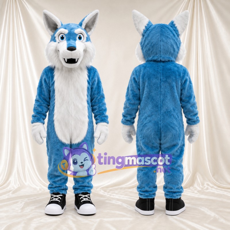 Costume de mascotte Loup – bleu – Torse (blanc); Baskets (noir)