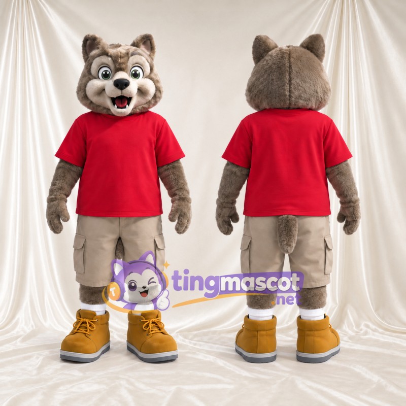 Costume de mascotte Loup – marron – Chemise (rouge); Short (brun clair)