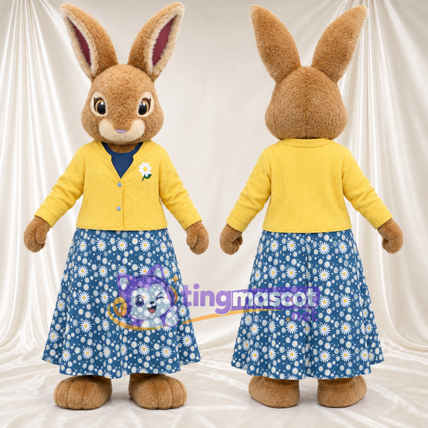 Costume de mascotte Mrs. Rabbit – selon la photo – Jupe (jaune, bleu, fleuri) Costume de mascotte Mrs. Rabbit – selon la photo – Jupe (jaune, bleu, fleuri)
