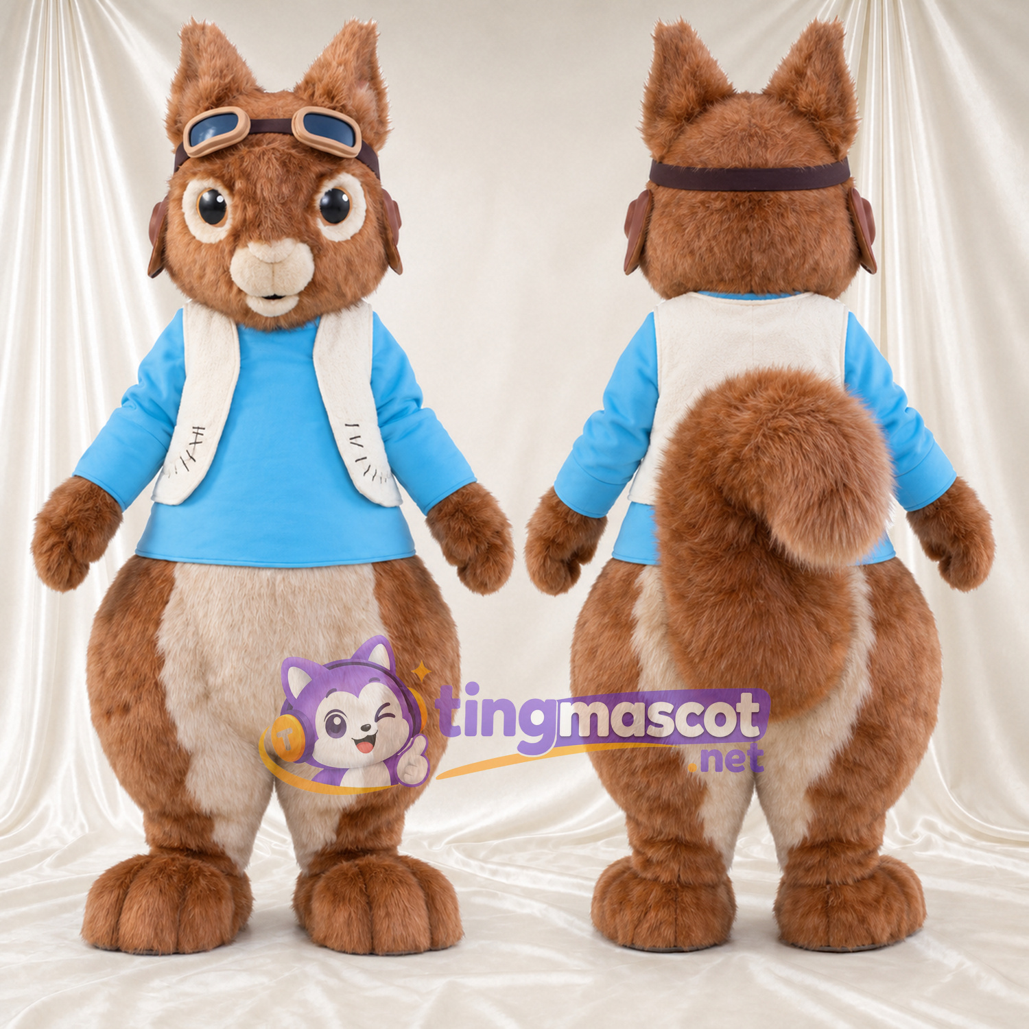 Maskottchenkostüm Squirrel Nutkin – wie abgebildet – Hemd (blau); Schutzbrille Maskottchenkostüm Squirrel Nutkin – wie abgebildet – Hemd (blau); Schutzbrille