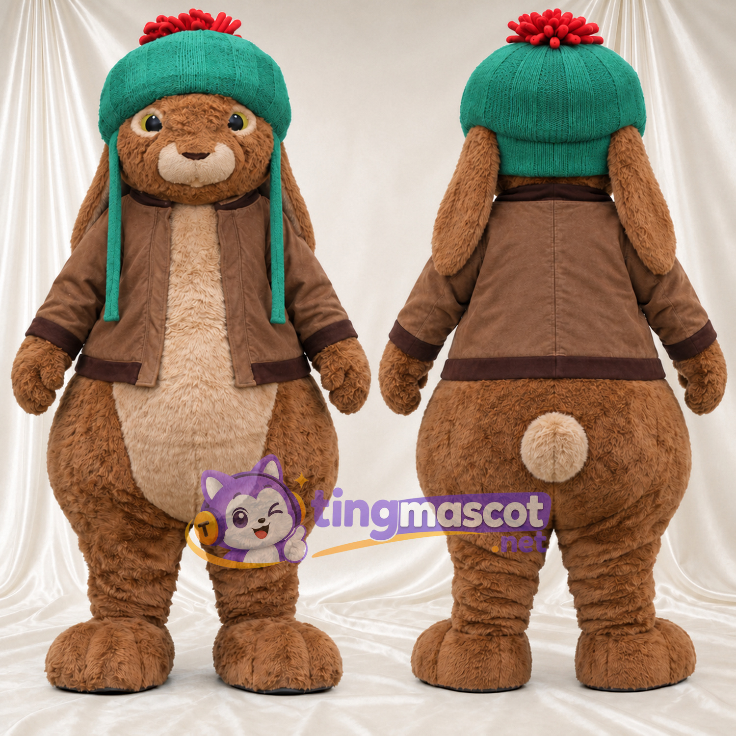 Benjamin Bunny Mascot Costume - Green Earflap Hat and Brown Jacket Benjamin Bunny Mascot Costume - Green Earflap Hat and Brown Jacket