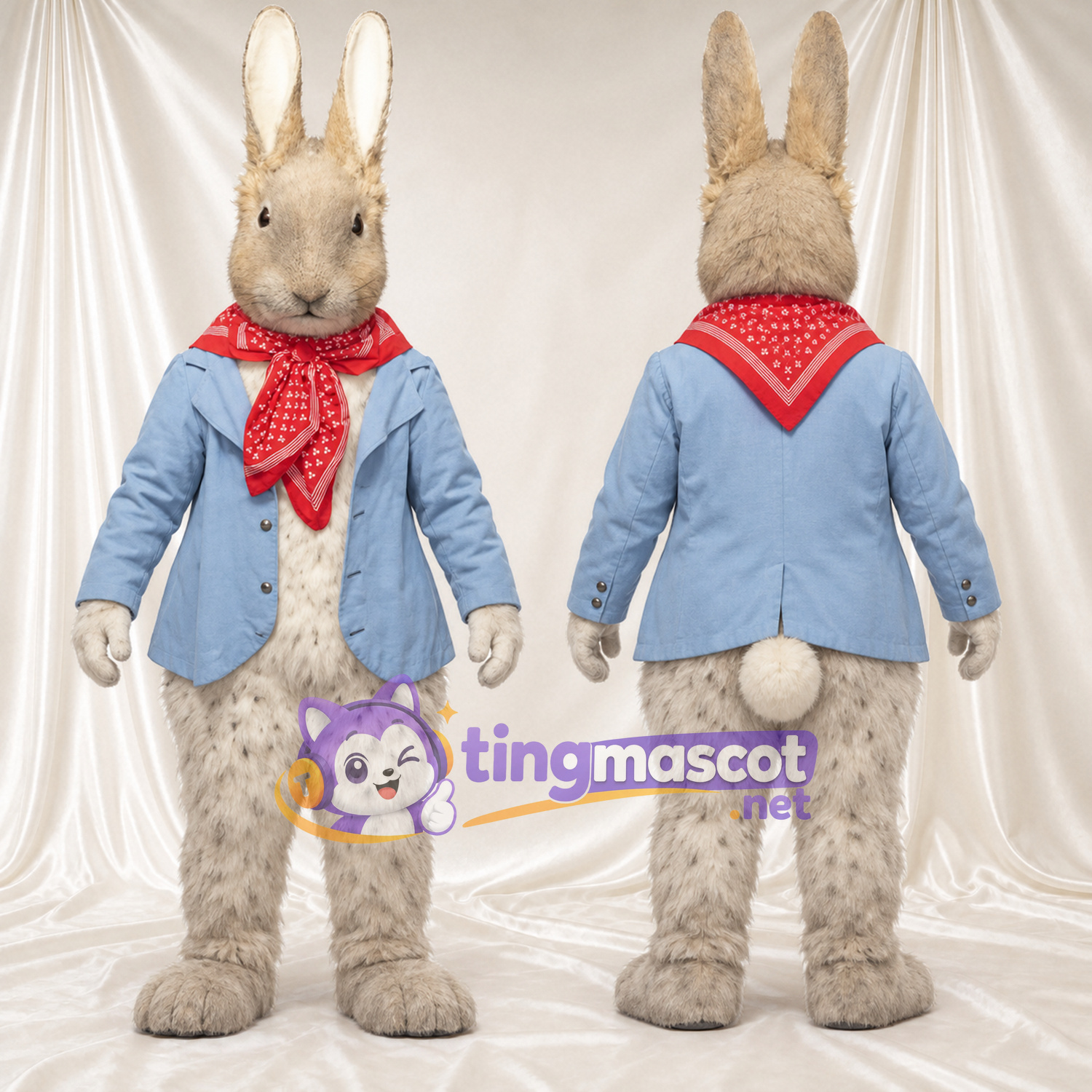 Costume de mascotte Peter Rabbit – selon la photo – Veste (bleu); Écharpe (rouge, à pois) Costume de mascotte Peter Rabbit – selon la photo – Veste (bleu); Écharpe (rouge, à pois)