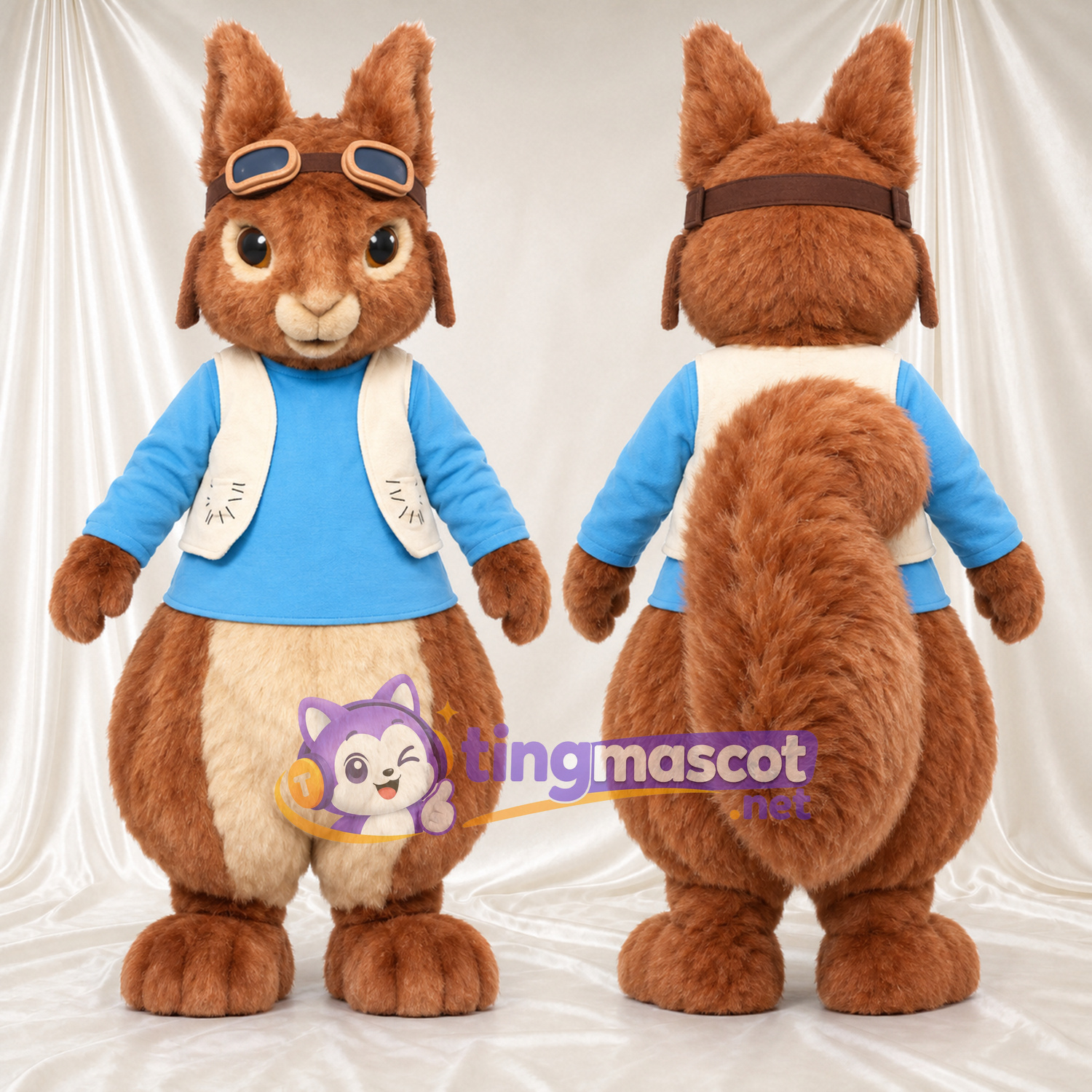 Maskottchenkostüm Squirrel Nutkin – wie abgebildet – Hemd (blau); Kappe (braun) Maskottchenkostüm Squirrel Nutkin – wie abgebildet – Hemd (blau); Kappe (braun)