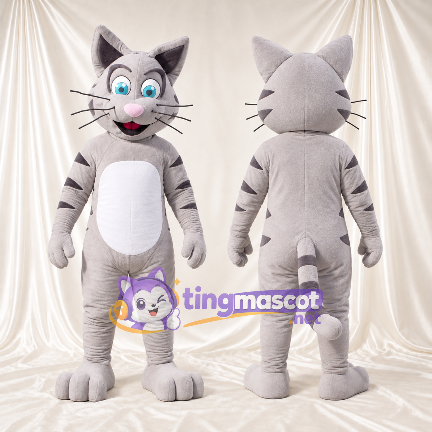 Costume de mascotte Chat tigré – gris – Yeux (bleu); Moustaches (long) Costume de mascotte Chat tigré – gris – Yeux (bleu); Moustaches (long)