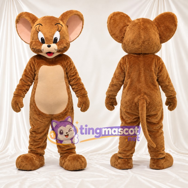 Costume de mascotte Jerry – selon la photo – Ventre (rond, brun clair); Visage souriant