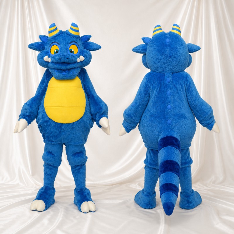 Blue Horned Long Dragon Mascot Costume Full Body for Adults Sports Events