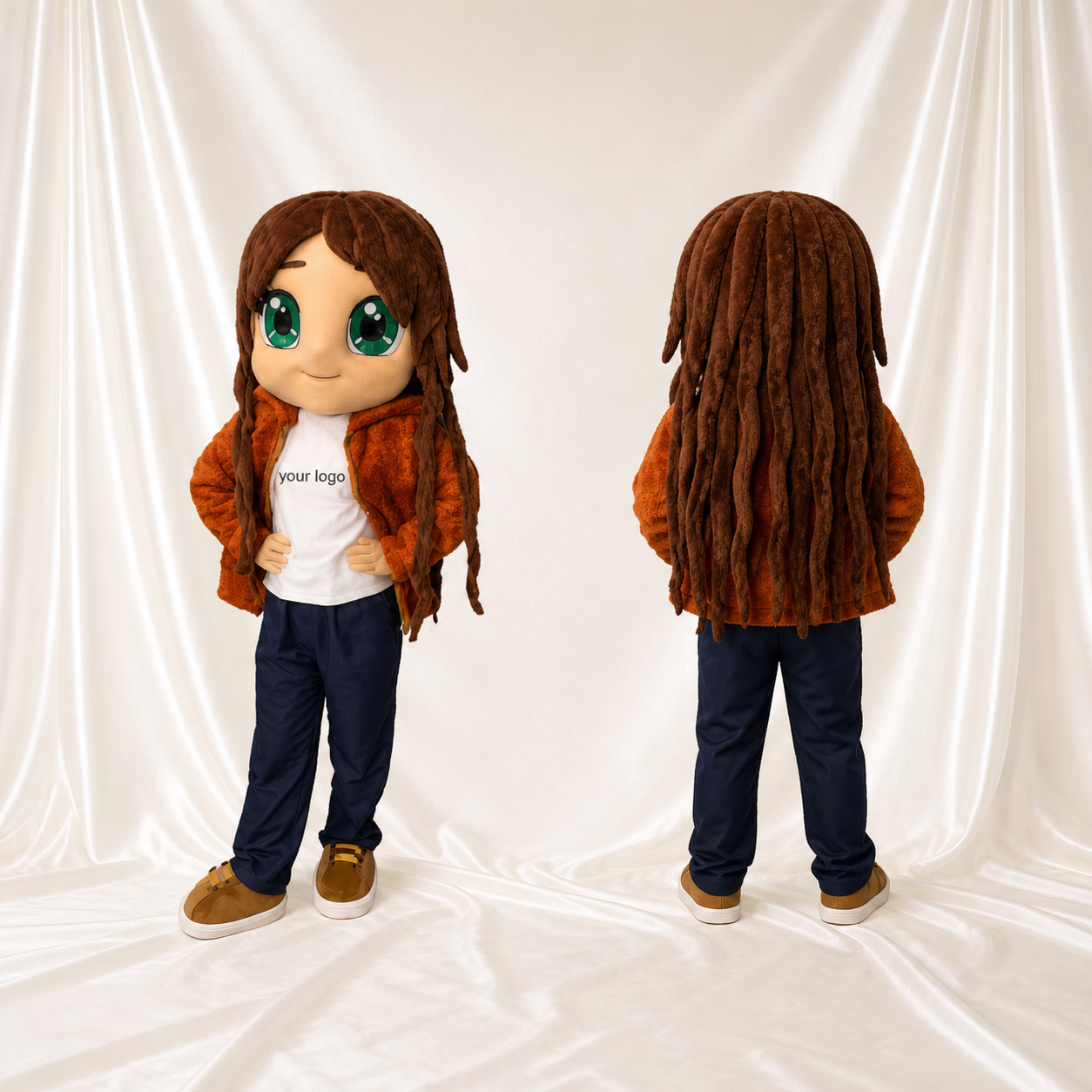 Blanc Bleu Marine et Marron Personnage féminin Costume de mascotte intégral pour adultes Événements scolaires