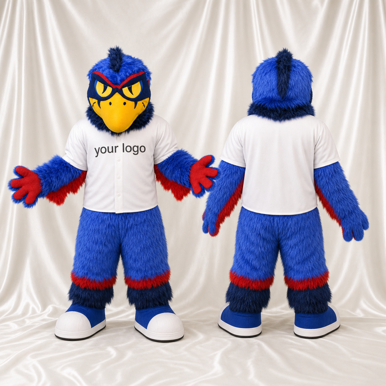 Blauer und roter Vogel Maskottchenkostüm Ganzkörper für Erwachsene Sportveranstaltungen Blauer und roter Vogel Maskottchenkostüm Ganzkörper für Erwachsene Sportveranstaltungen