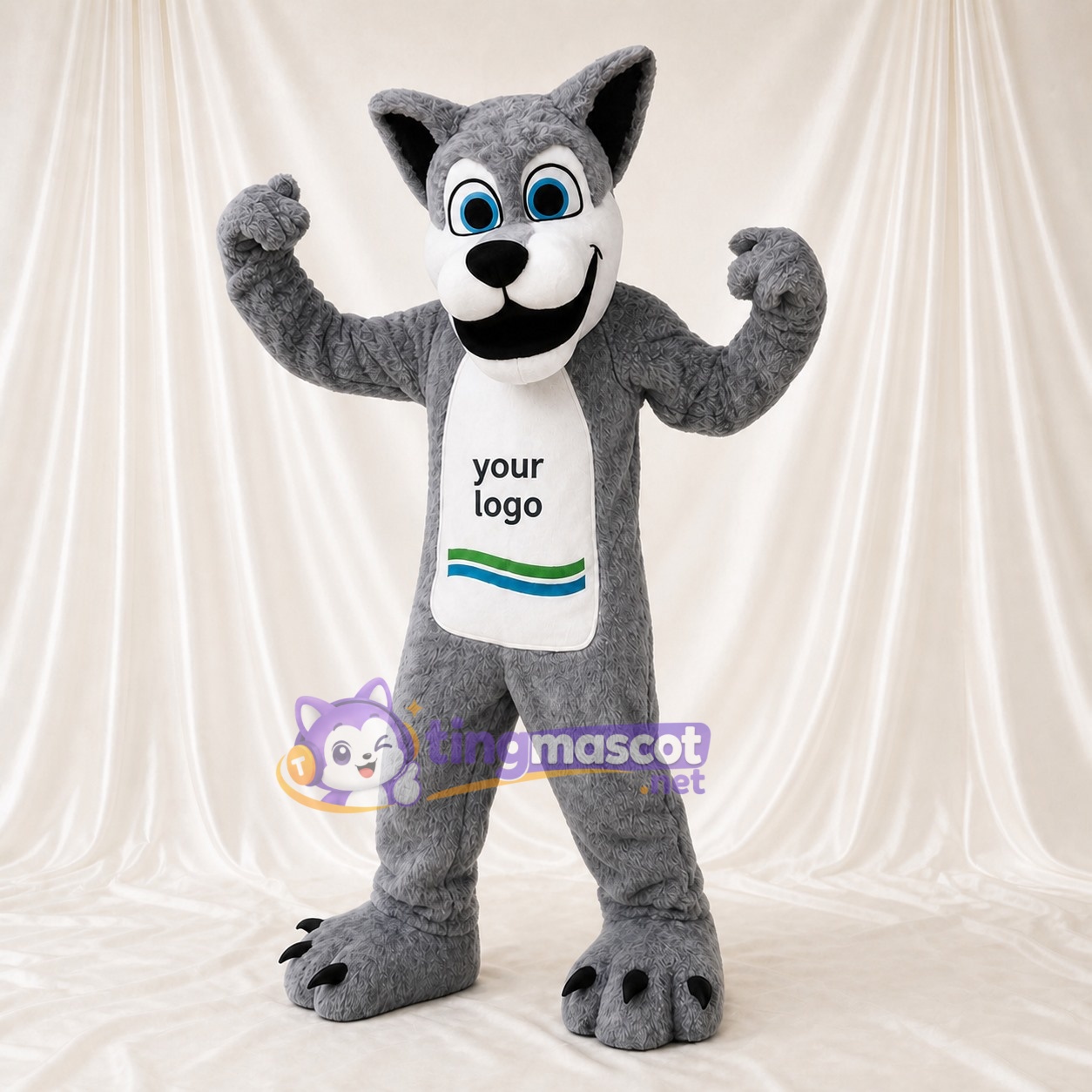 Ausdrucksstarker weißer Wolf Ganzkörper-Maskottchenkostüm für Erwachsene – Sportveranstaltungen Ausdrucksstarker weißer Wolf Ganzkörper-Maskottchenkostüm für Erwachsene – Sportveranstaltungen