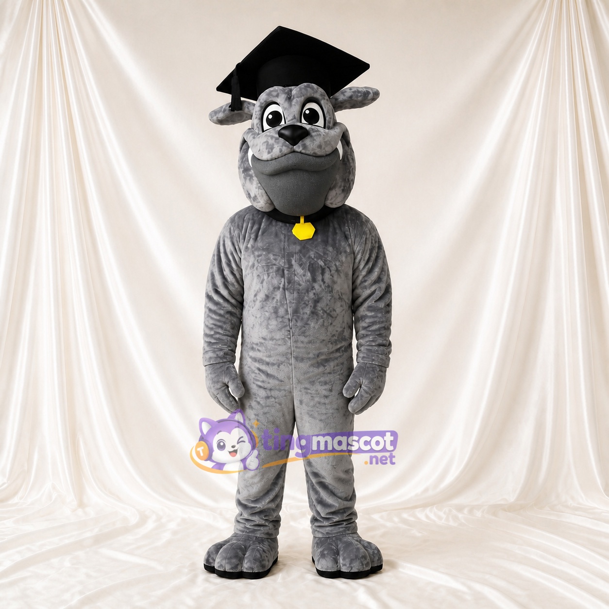 Bulldogge-Absolvent Ganzkörper-Maskottchenkostüm für Erwachsene – Universitäten Bulldogge-Absolvent Ganzkörper-Maskottchenkostüm für Erwachsene – Universitäten